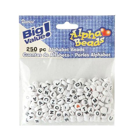 Alphabet Beads - Small 7x4mm Round White w/Black Print (250 pc)