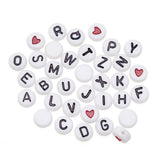 Small 7x4mm Round White w/Black Print Alphabet Beads (250 pc) - Dolls so Real Inc