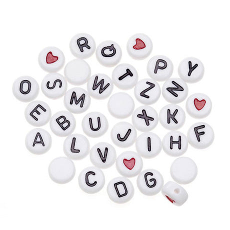 Small 7x4mm Round White w/Black Print Alphabet Beads (250 pc) - Dolls so Real Inc